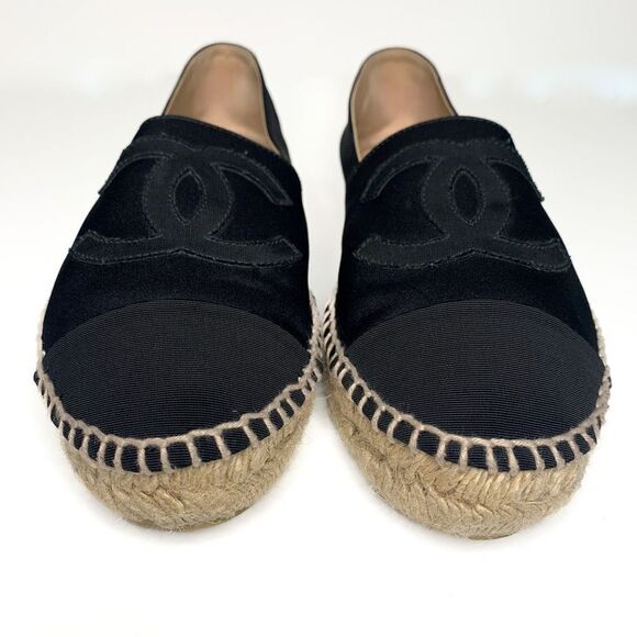 Chanel Satin CC Espadrille EU 38 US 7-7.5 Black Slip On Cap Toe Grosgrain Flat - Picture 3 of 13
